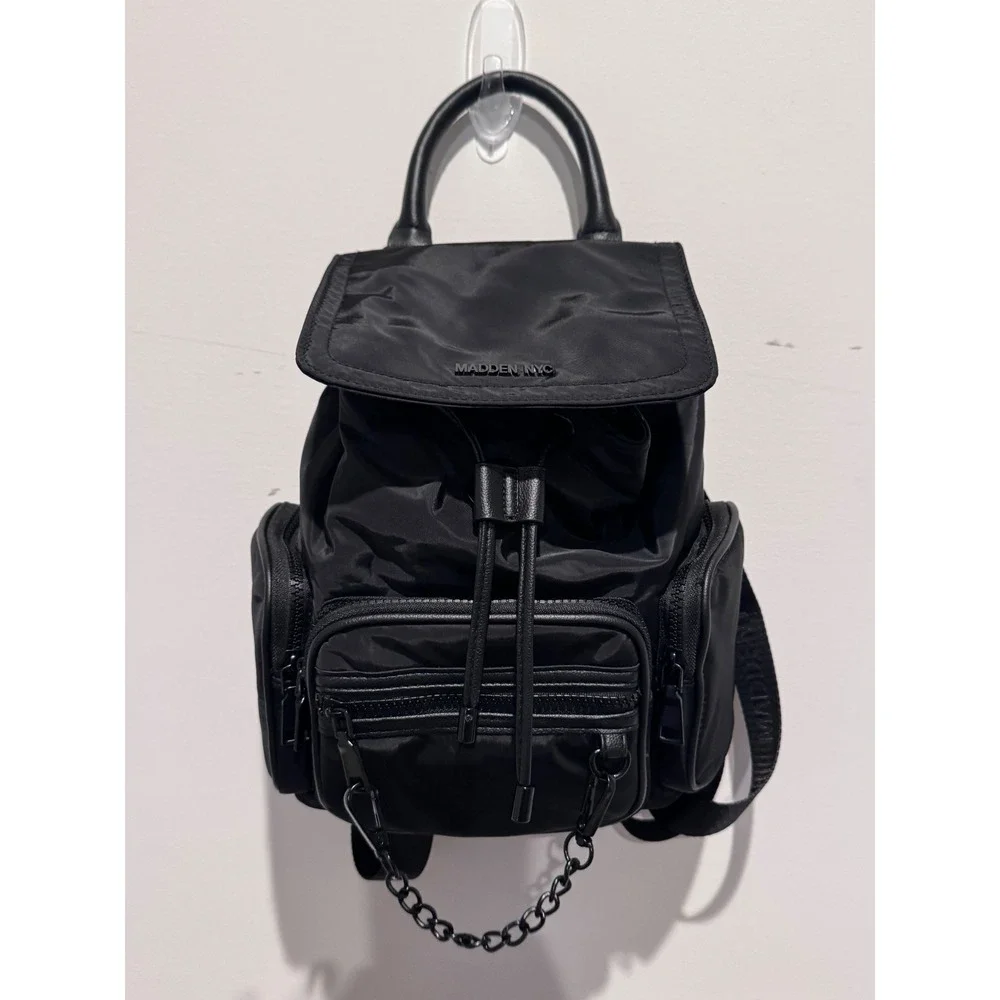 Madden NYC Black Nylon Mini Backpack with Chain Detail and Branded Straps